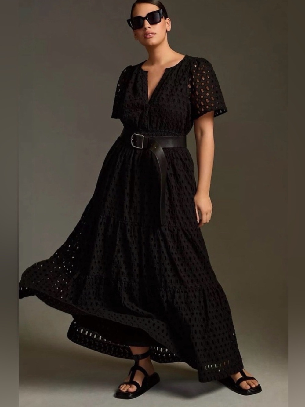 Anthropologie Somerset Eyelet Maxi Dress Black XL